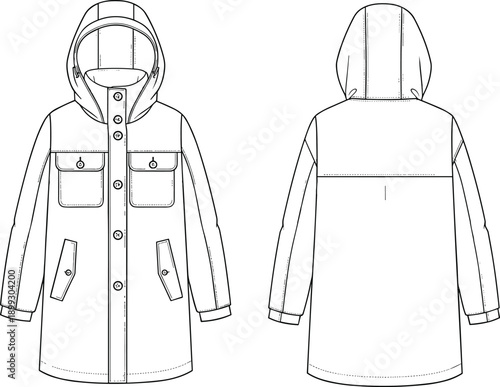 Technical winter parka jacket flat sketch front and back view hooded long coat fashion design illustration vector apparel template outline
