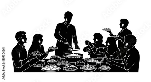 Family and friends enjoying a traditional meal together, sharing food and conversation around a table.