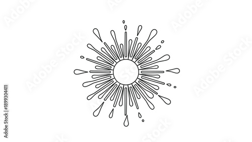 Intricate line art illustration of a central sun or splash surrounded by many radiating teardrop shapes and droplets for a dynamic effect.