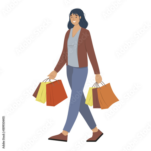 Woman happily carrying colorful shopping bags, showcasing a cheerful shopping experience. Stylish attire and casual demeanor reflect a modern, confident shopper. Vector illustration.
