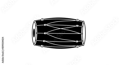 Black and white illustration of a traditional Indian Dholak drum, a popular percussion instrument.