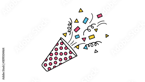 Festive red and white polka dot party popper releasing a shower of colorful triangular and rectangular confetti pieces and curly streamers.