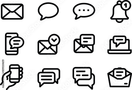 Online communication and email delivery thin line icons including laptop and smartphone screens