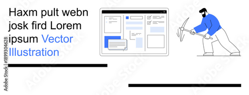 Web development, data analysis, interface design, coding, digital tools, mining. A browser interface next to a worker with a pickaxe. Web development and data analysis concept