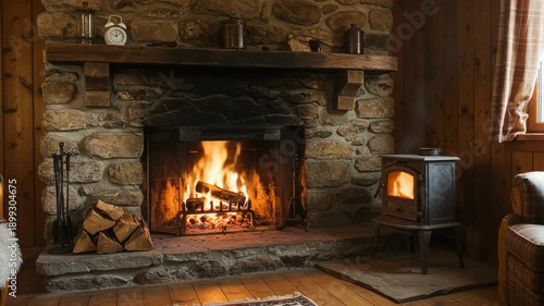 Rustic Stone Fireplace with Wood Burning Stove and Glowing Embers