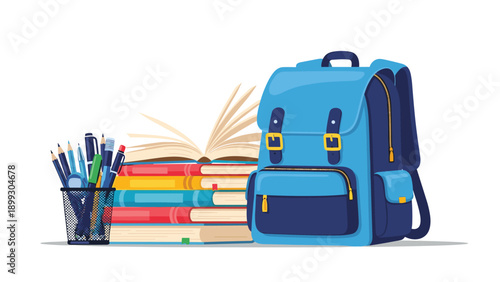 School supplies scene featuring a large blue backpack next to a tall stack of textbooks and a cup full of pencils for an academic theme.