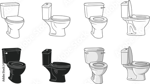 Toilet bowl vector set illustration, front side angle views, bathroom sanitary ware outline icon design for plumbing interior graphics