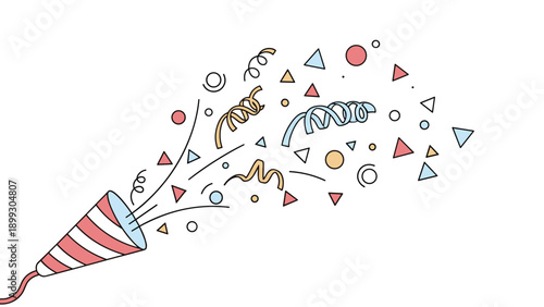 Red and white striped party popper releasing a dynamic shower of colorful confetti triangles, curly streamers, and dots for a celebration.