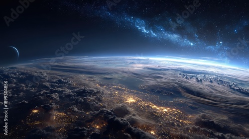 Majestic earth from space with city lights and distant moon