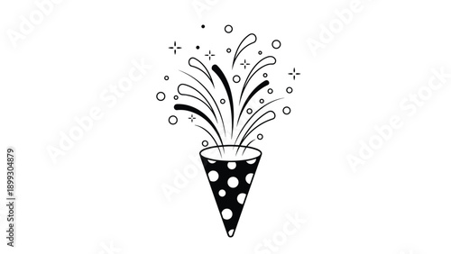Monochromatic black and white illustration of a party popper bursting with festive bubbles, stars, and streamers for a celebratory design.