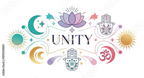 Vibrant spiritual unity symbol with lotus hands om moon sun and stars on white background
