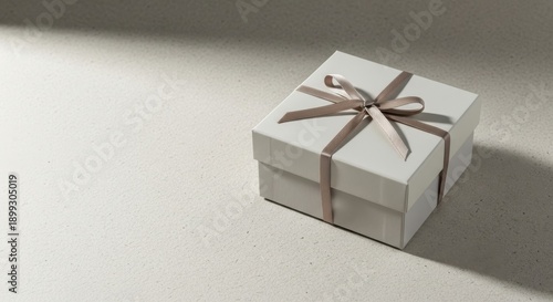 White Square Gift Box with Brown Ribbon and Hard Shadow