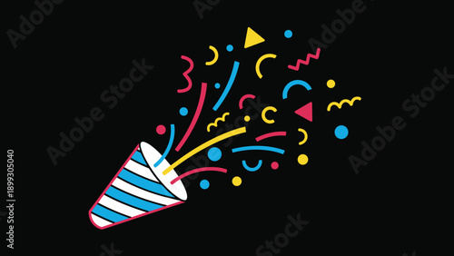Festive striped party popper bursting with a vibrant array of colorful confetti shapes and streamers against a dramatic black background.