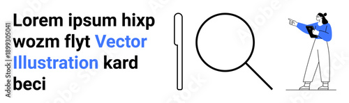 Placeholder text, large magnifying glass icon, and a woman analyzing data while pointing to guide. Ideal for research, exploration, education, analytics, business, marketing simple landing page