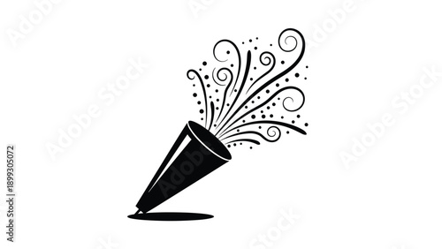 Monochromatic black silhouette of a party popper bursting with elegant curly streamers and festive dots for a clean and simple celebration.