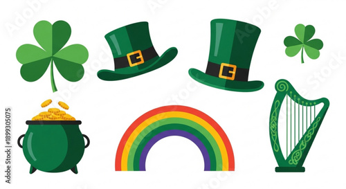 St patrick's day icons including leprechaun hats shamrocks pot of gold rainbow and harp on white background