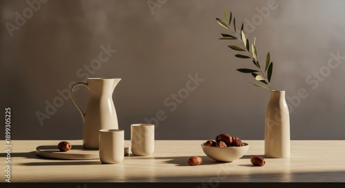 Minimalist Table Setting with Pitcher and Dates on Beige