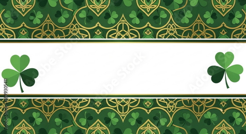 St patrick's day shamrock border design with gold celtic knotwork on green background for festive greeting cards