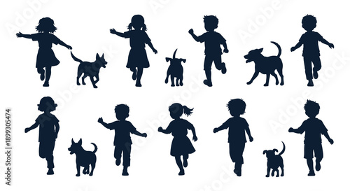 A collection of playful children and pets in dynamic poses rendered as dark silhouettes on transparent background high quality professional detailed