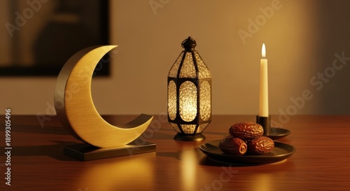 Evening Still Life with Candle Lantern and Crescent Moon
