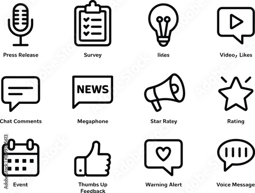 Set of marketing and communication icons with text. modern outline pictograms on transparent background