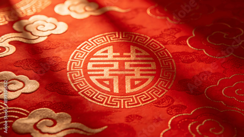 Red Double Happiness Cloud Pattern Traditional Wedding Fabric