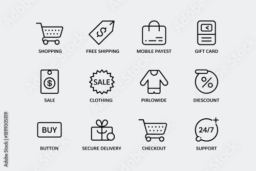 Shopping icons t shirt jeans swimsuit shoe bag scissors new tag store barcode credit card truck