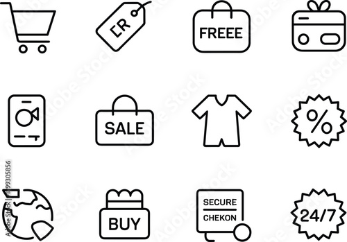Shopping icons t shirt jeans swimsuit shoe bag scissors new tag store barcode credit card truck