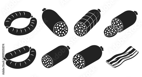 A collection of black sausage silhouettes in varying shapes and sizes ideal for culinary designs on transparent background high quality professional