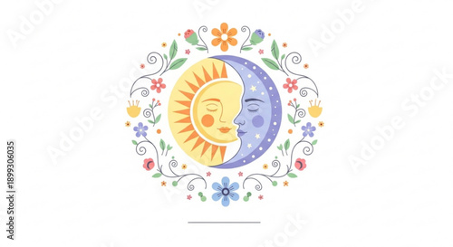 Sun and moon faces with floral wreath day and night peaceful celestial illustration