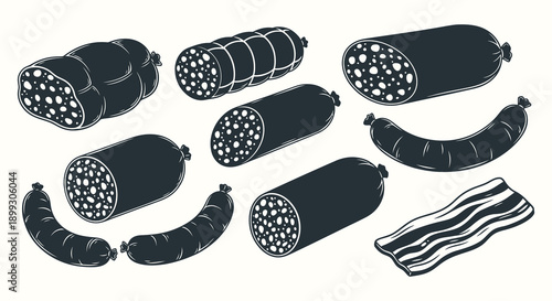A diverse collection of black sausage illustrations including cuts and links presented in a striking silhouette on transparent background high quality