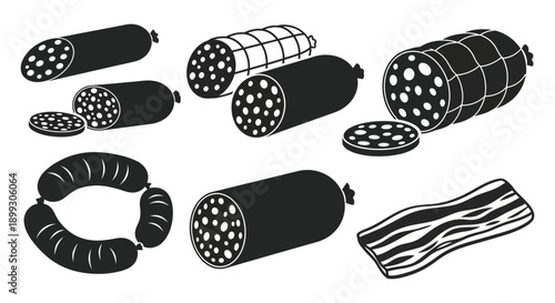 A collection of black sausage illustrations in various shapes and cross sections on transparent background silhouette high quality professional detailed modern elegant