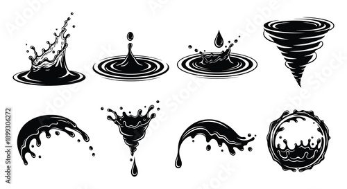 A collection of black water splash silhouettes including droplets and a vortex ideal for design projects on transparent background high quality