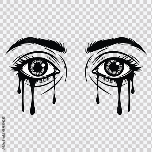 Crying human eyes with dripping black liquid drops and ink splatter line art vector illustration