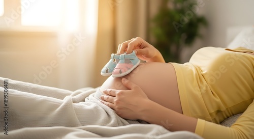 Expectant Mother Resting on Bed with Pink and Blue Baby Sandals