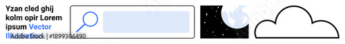 Online search, cloud computing, global data, technology concepts, information storage, digital accessibility. A magnifying glass, cloud icon and globe in space design. Search bar and cloud computing