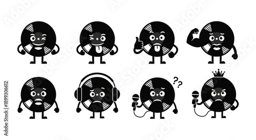 Eight cartoon vinyl records with human like features and poses a cheerful silhouette on transparent background high quality professional detailed modern elegant