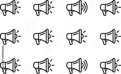 Megaphone audio icons featuring different sound wave levels and notification signal collections