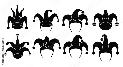 A collection of eight black jester hats in various styles presented as vector graphics on transparent background silhouette high quality professional