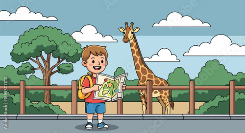 trees, showing educational zoo visit, wildlife learning, and family travel in flat vector style