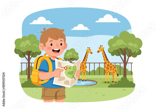trees, showing educational zoo visit, wildlife learning, and family travel in flat vector style