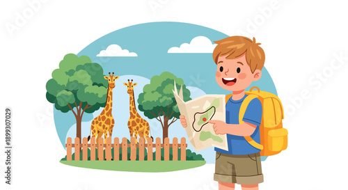 trees, showing educational zoo visit, wildlife learning, and family travel in flat vector style