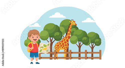trees, showing educational zoo visit, wildlife learning, and family travel in flat vector style