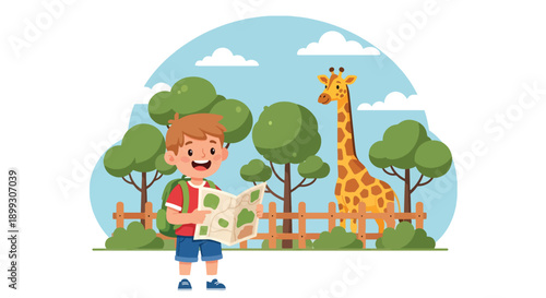 trees, showing educational zoo visit, wildlife learning, and family travel in flat vector style