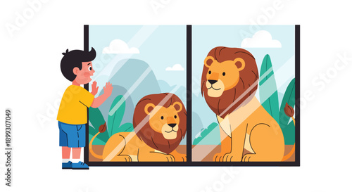 Young boy watching lions through glass wall in safari zone with rocks and plants, showing curiosity, wildlife discovery, and educational zoo tourism in modern flat vector illustration