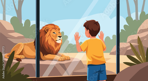 Young boy watching lions through glass wall in safari zone with rocks and plants, showing curiosity, wildlife discovery, and educational zoo tourism in modern flat vector illustration