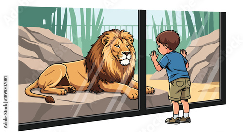 Young boy watching lions through glass wall in safari zone with rocks and plants, showing curiosity, wildlife discovery, and educational zoo tourism in modern flat vector illustration