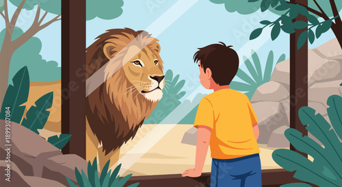 Young boy watching lions through glass wall in safari zone with rocks and plants, showing curiosity, wildlife discovery, and educational zoo tourism in modern flat vector illustration