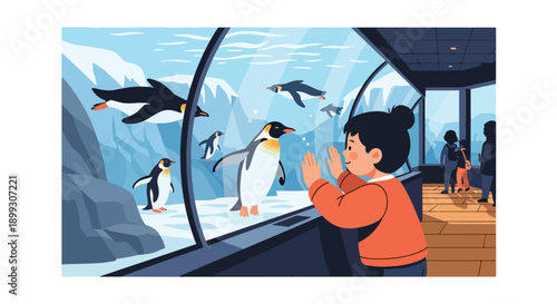 Kids observing penguins swimming in aquarium tunnel with icy rocks and water, showing marine wildlife education, curiosity, and family-friendly zoo experience in flat vector illustration