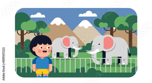 child watching elephants in open habitat with mountains and trees, showing wildlife appreciation, outdoor learning, and memorable zoo adventure in modern flat vector style